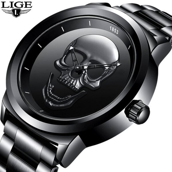 LIGE Men's Quartz 3D Dial Waterproof Skull Watch